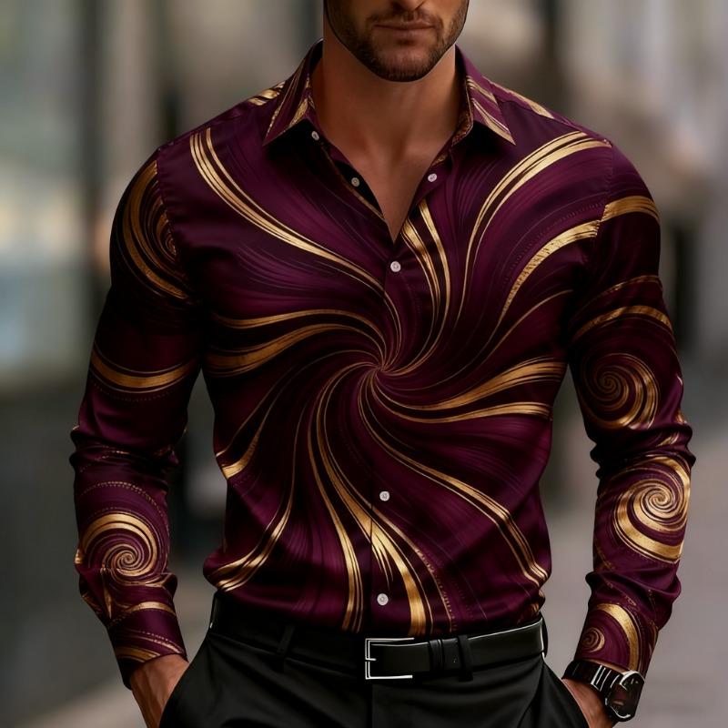 Camicia da uomo a maniche lunghe con stampa geometrica, elegante camicia button-down, moderno motivo a vortici e righe per l'uso quotidiano.