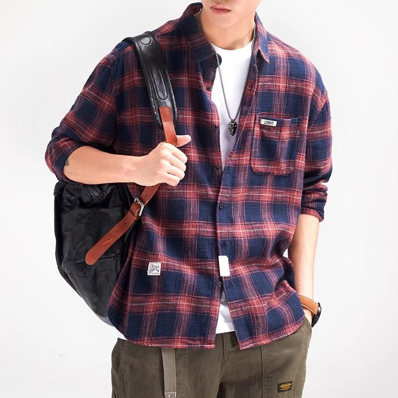 Men’s Japanese-style Retro High-street Checked Shirt: Long-sleeved, Collared, Loose-fit Jacket