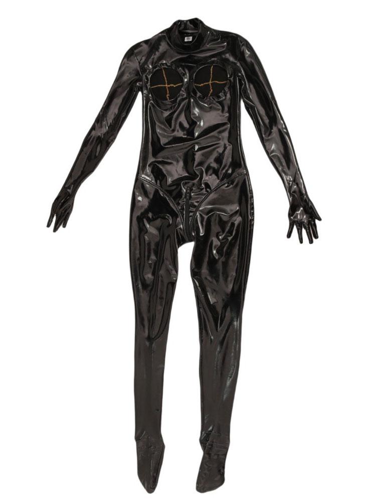 Sexy Zentai Faux Latex Leather Hollow Out Breast Jumpsuit Wetlook Exotic Cosplay Full Body Bodysuit Elastic Shaping Tights