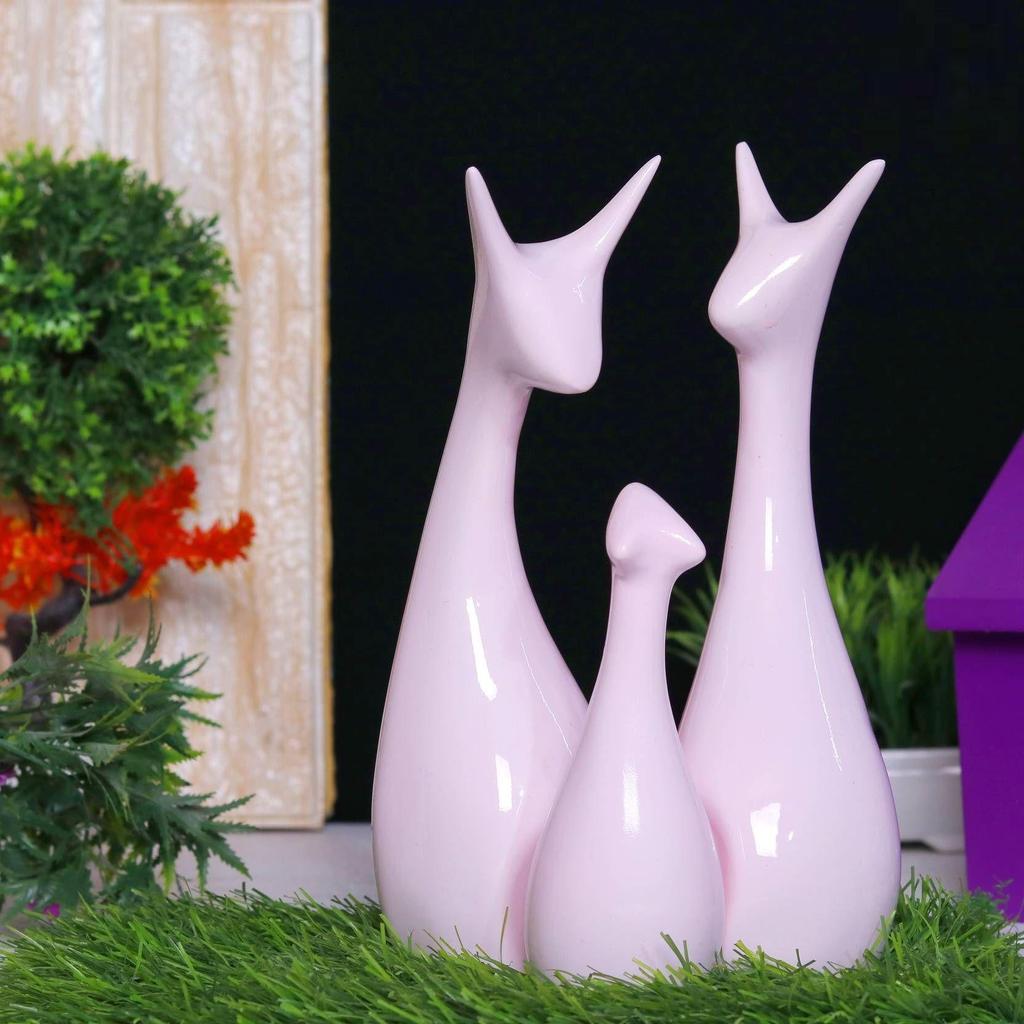 Lucky Deer Statue Family Piano Finish Ceramic Figures Deer Couple showpiece Decorative Showpiece - 25 cm (Polyresin, Pink)