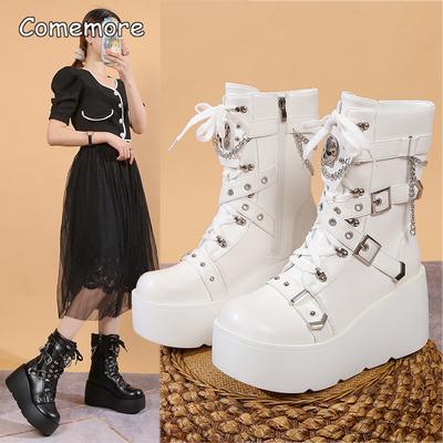 Thick Bottom Wedge Heel Motorcycle Boots Women Plus Size 35-42 Punk Style Platform Black Short Ankle Boots for Women's Botines