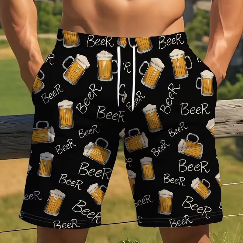 Men s Novelty Flame Print Active Shorts With Pockets, Drawstring Beach Shorts For Summer Vacation M