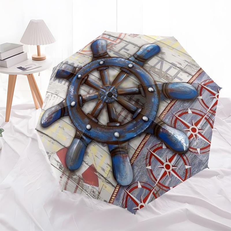 

1pc Nautical Wheel Compass Decor Umbrella with Plastic Handle,Suitable for All Seasons Umbrellaptys26073