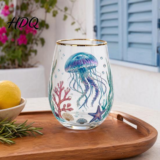 Hand-painted Glass Cup Hand Painted Tumbler Egg Shaped with Gold Rim Clear