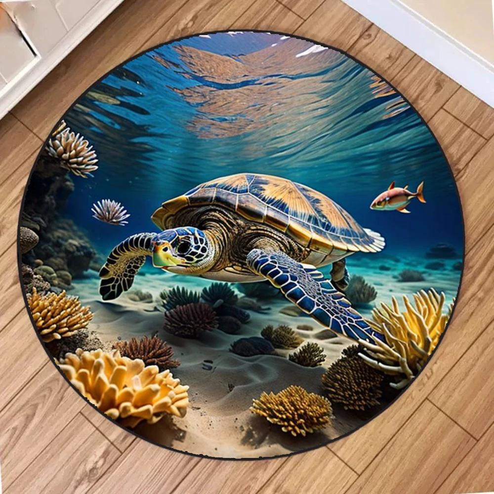 Soft Round Area Rugs Indoor Mats Sea Turtle Ocean Animal Nautical Map Unique Carpet for Living Room Bedroom Woman Yoga Mat Home