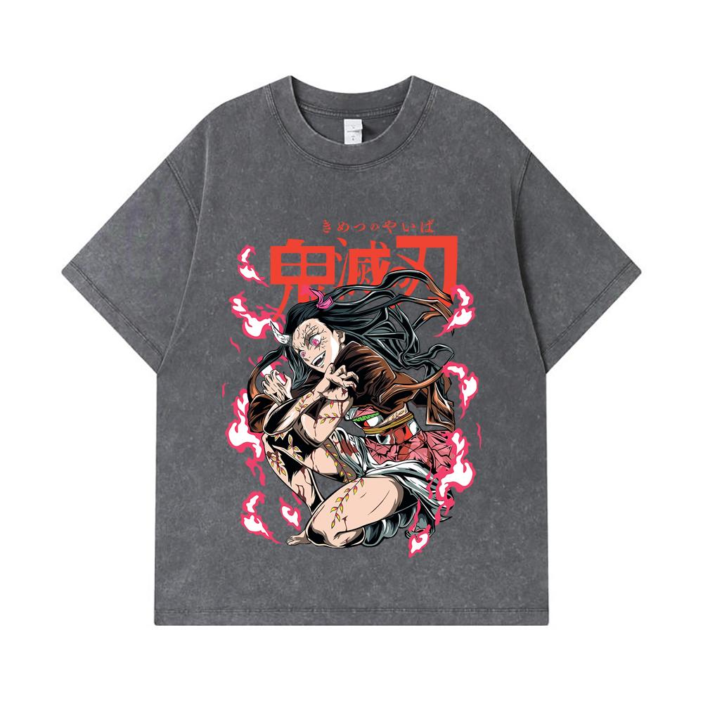 275 GSM Washed T-shirts 100% Cotton Demon Slayer V71 Nezuko Demon Print Unisex Heavy Cotton T Shirt