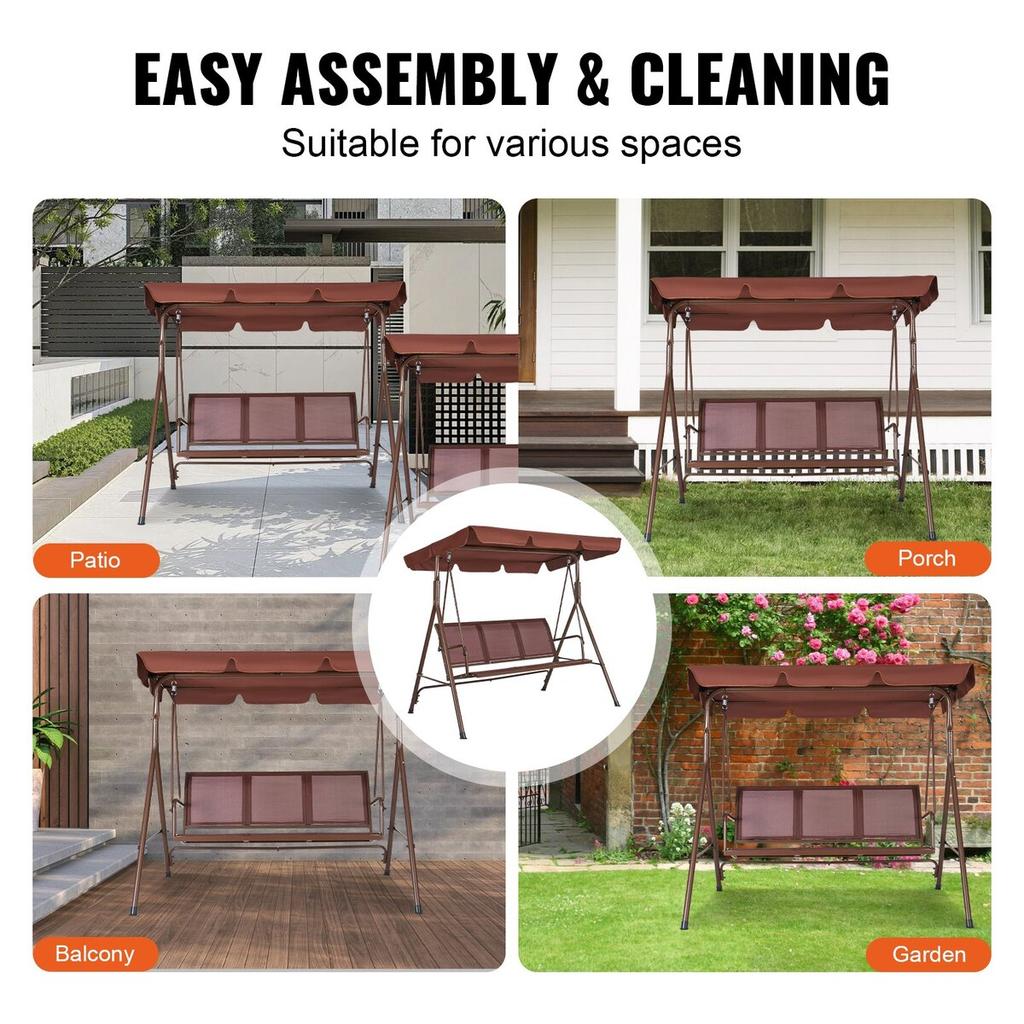 3-Seat Patio Swing Chair, Outdoor Patio Swing with Adjustable Canopy, Porch Swing with Armrests, Teslin Fabric and Alloy Steel Frame, for Balcony,