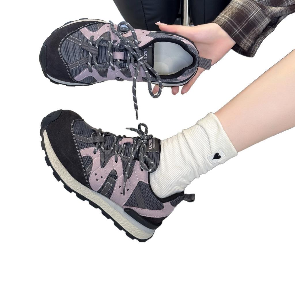 2025 new mesh splicing retro dad shoes multi-color contrasting color round head lace-up casual sports versatile trend women