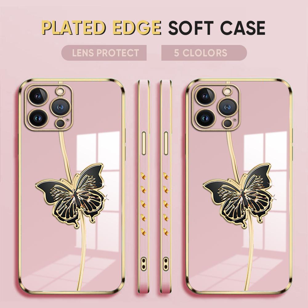 Fashion Black Butterfly Plating Phone Case for iPhone 11 13 15 Samsung Galaxy A52 Xiaomi Redmi 12C Note 10 Pro Oneplus Soft Smartphone Cover Cases