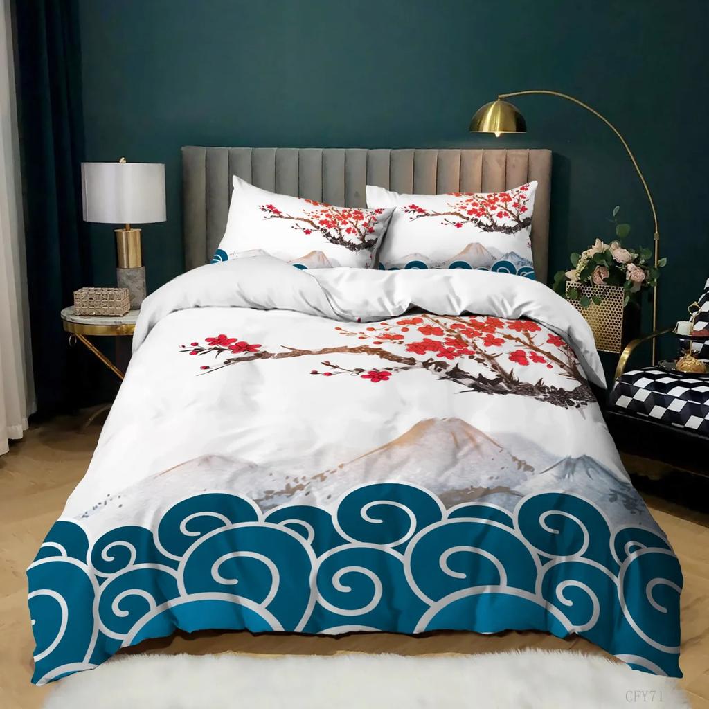 Japanese Duvet Cover King Microfiber Sea Wave Cherry Blossoms Japan Culture Oriental Art Twin Bedding Set