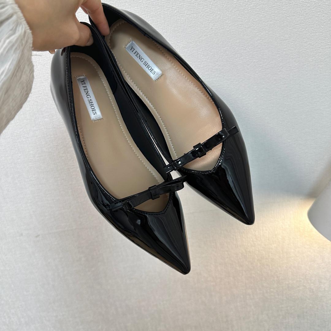 

Sheepskin version inner height increase 5cm high-end pointed patent leather black single shoes women s French open-toed sewn temperament ballet shoes 39