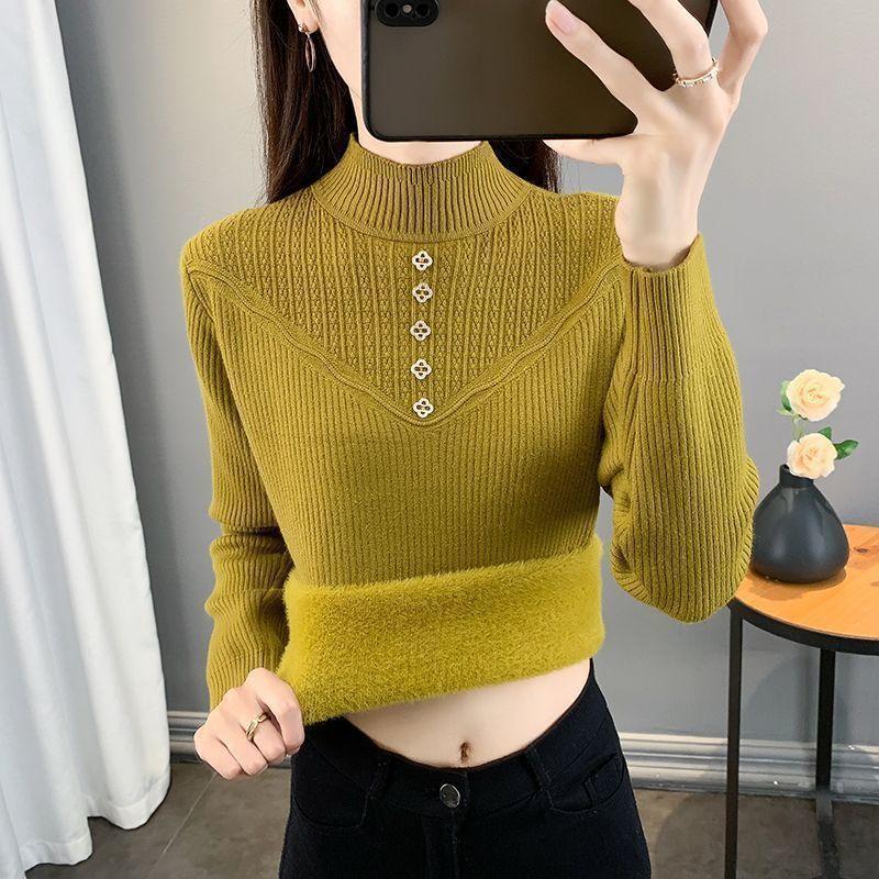 Damen Einteiliger Samtpullover mit Verdicktem Samtfutter und Halbhohem Kragen Pullover Slim und Warm Strickpullover Top für Herbst und Winter