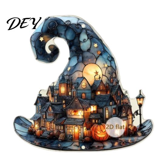 Acrylic Decoration with Bell Halloween 2D Chain, Bell, Stained Glass Ghost Bat Pumpkin Suncatcher Decor Decor, Window Wall Hanging Ornament
