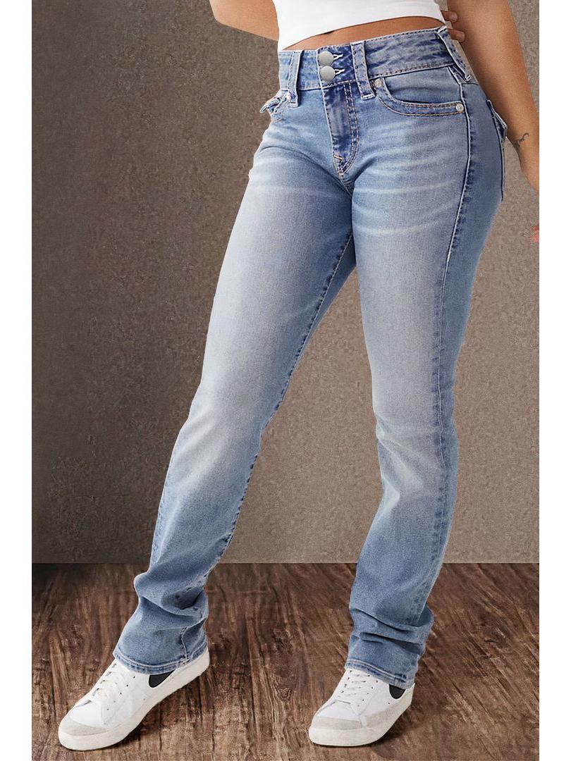 

Spring/Summer 2025 European-American Women s Double-Button Mid-Waist Straight-Leg Slimming Jeans Medium светло-синий