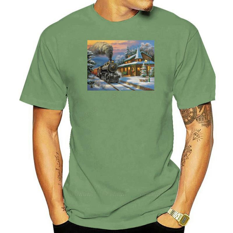 Fashion mens tshirts casual brand short sleeve Christmas Train Station Locomotive TShirt teenager cotton teeshirt vintage top