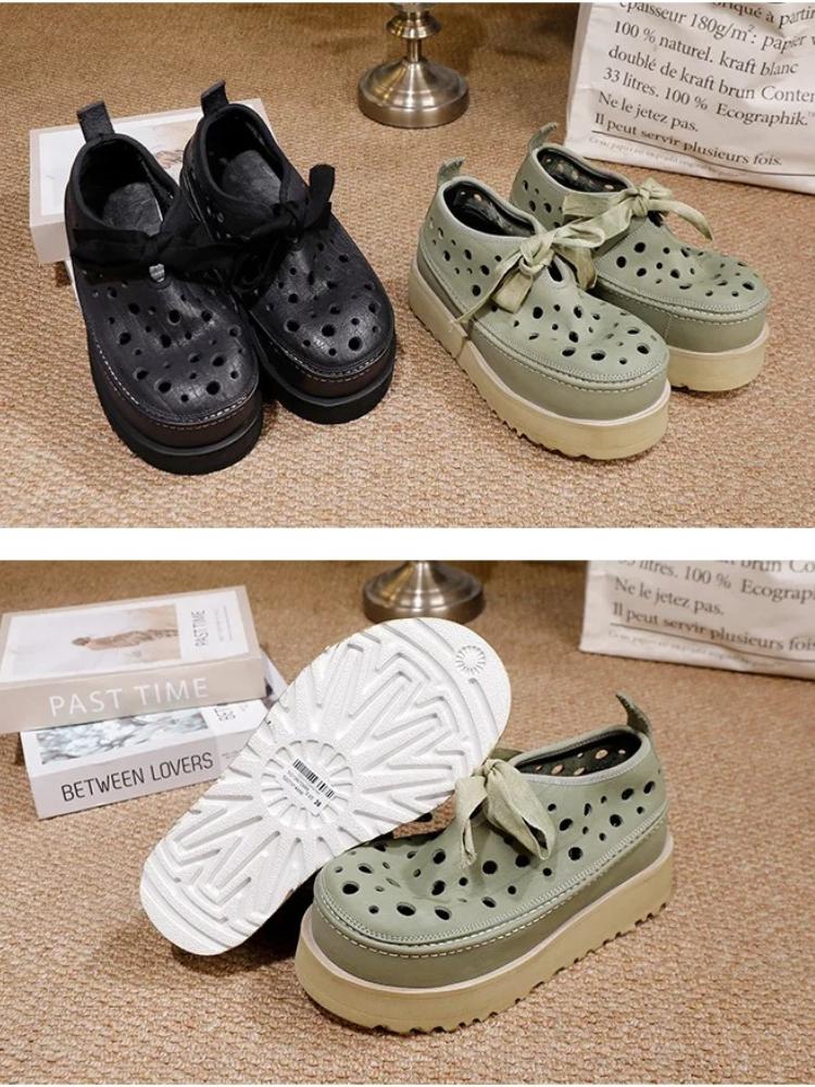 Johnature Thick Soled Hollow Hole Shoes Genuine Leather Lace Up Comfortable Women's Platform Sandals