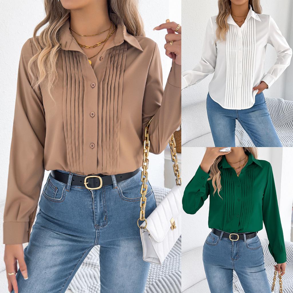 Women Pleated Front Button Down Long Sleeve Blouse