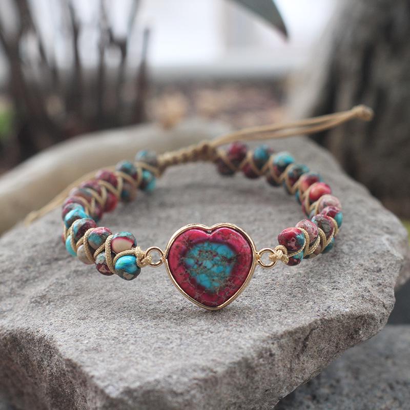 Bohemian Red Heart-Shaped Redwood Stone Double-Layer Woven Women's Bracelet