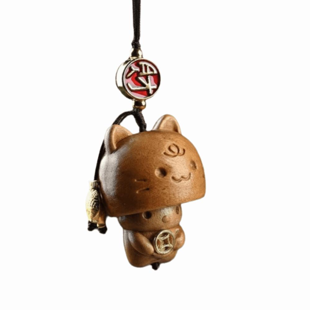 Hand-carved Wood Carving Pendant Cute Car Hanging Ornament Wooden Cat Phone Chain  Phone Accessory