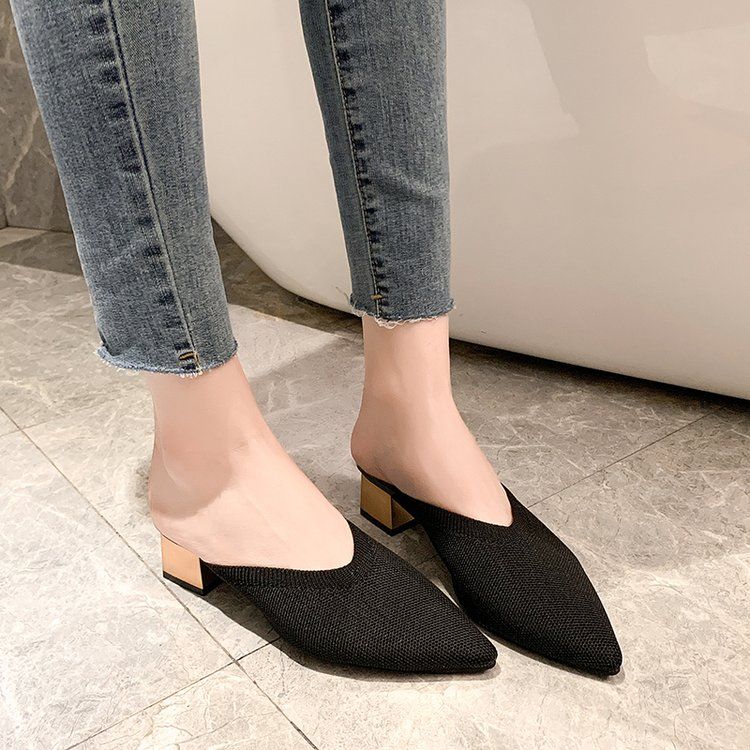 

Сандалии для женщин летом вязаные на толстом каблуке тапочки на среднем каблуке одинарные туфли для ношения на улице 38