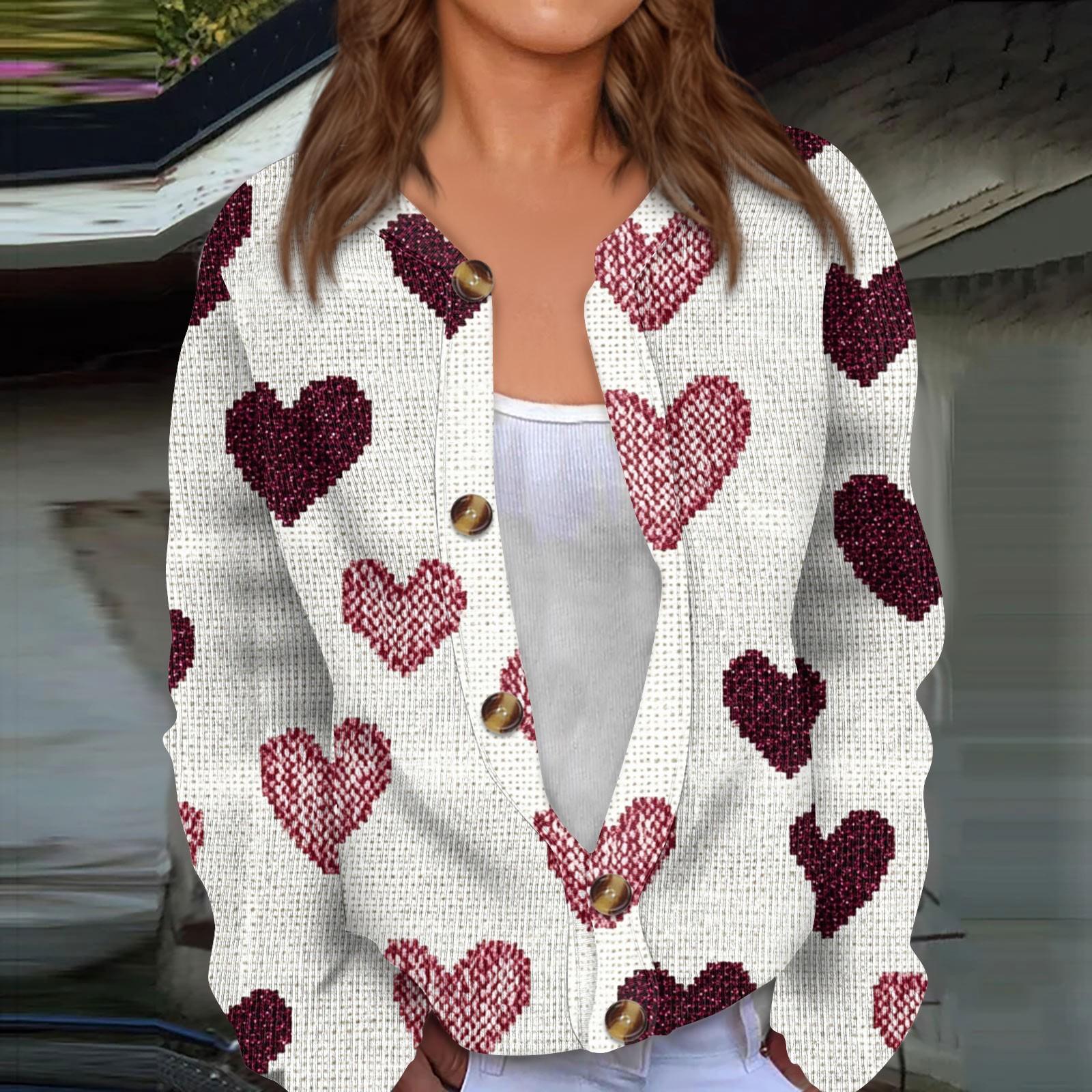 

Жіночий в язаний жакет на ґудзиках з довгим рукавом і принтом до Дня Святого Валентина XXXL