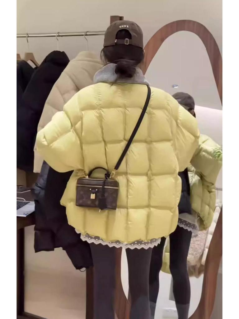 2024 Women's Fashionable Plaid Down Jacket - Casual Round Neck, Loose Fit, Warm Winter Coat