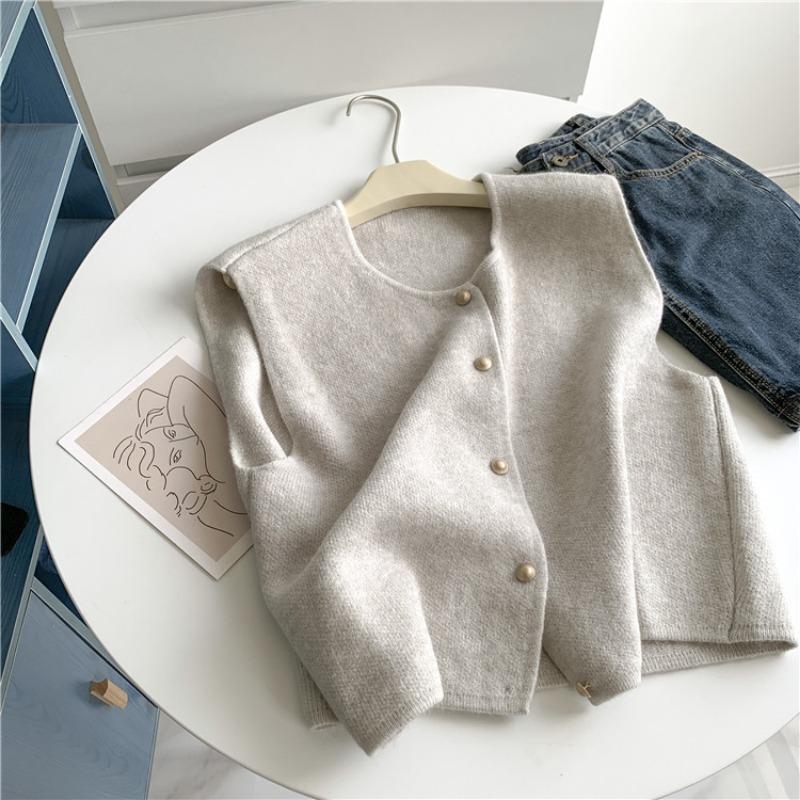 Elegant O Neck Sleeveless Women Sweater Tops Casual Loose Single-breasted Round Neck Knitted Vest Solid Color Simple Cardigan Sweaters Clothes 2556