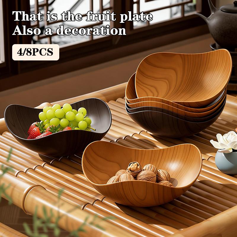 Large Size Wood Grain Plastic Bowls Convenient for Salad Fruit Candy Multipurpose Use for Events Home 4/8PCS
