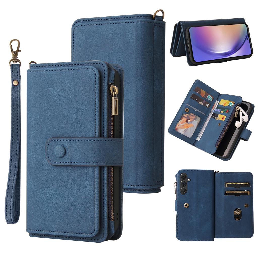 Husă portofel cu fermoar pentru Samsung Galaxy A55 5G cu 15 sloturi pentru carduri și curea, husă de telefon din piele