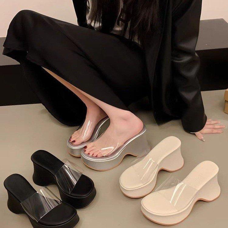 High-heeled thick-soled one-word cool slippers for summer wear, new height-increasing small transparent waterproof table sandals