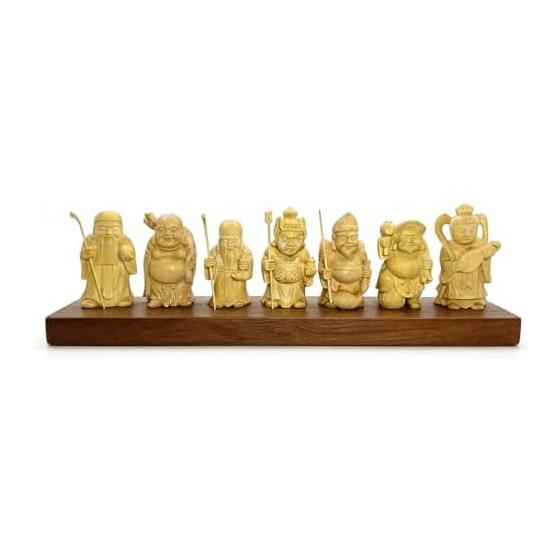 Wood carving Seven Lucky Gods Benzaiten, Bishamonten, Fukurokuju, Jurojin, Hotei, Ebisuten, Daikokuten Ornament Good Luck and Good Luck Set