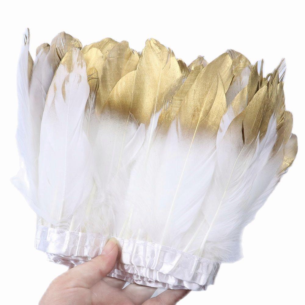 1 Yard Golden Dipped Goose Feather Trims White Plumes Ribbon Fringe For Handicraft Wedding Dress Decor Accessories Crafts