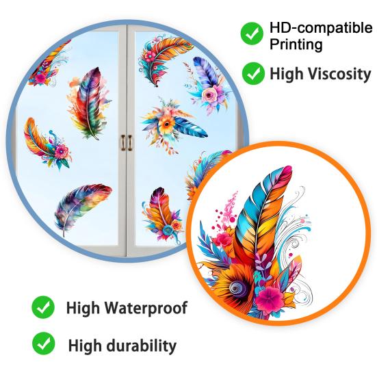 Watercolor Feather Flower Pattern Window Sticker, Transparent Electrostatic Adhesion Glass Decal, Waterproof Scratch-Resistant Decorative Film