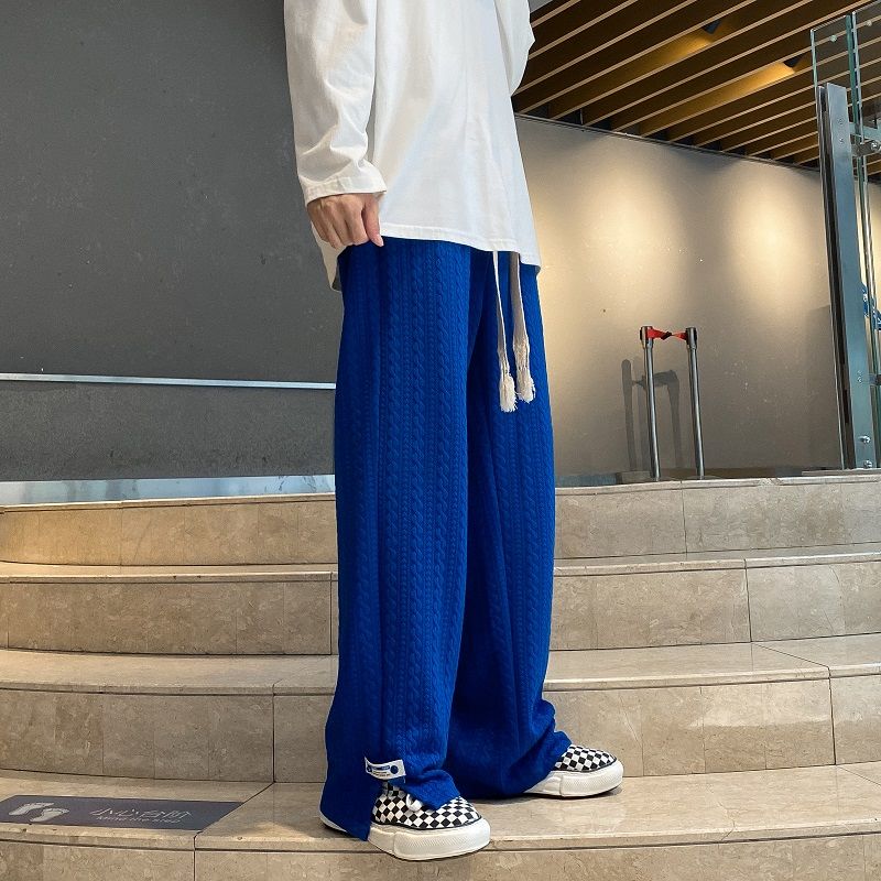 Spring Autumn Men High Street Sweatpants Loose Casual Side Slit Straight-Leg Pants Vintage Jacquard Casual Bottoms Male Clothes