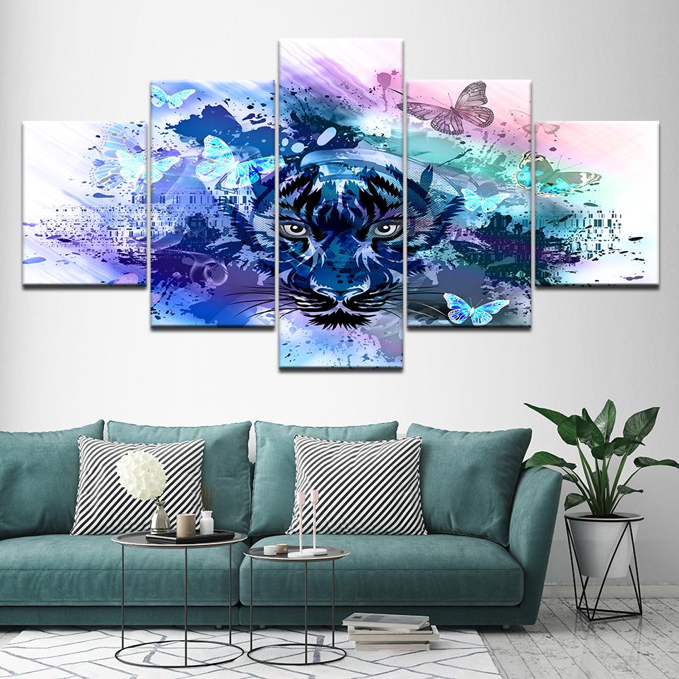 Abstract Blue Color Tiger 5 Piece Wallpapers Art Canvas Print Modern Poster Modular Art Painting for Living Room Home Decor