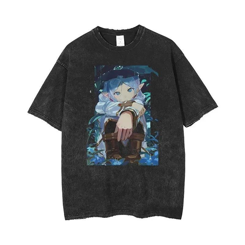 Vintage Washed Black Frieren from Beyond Journey's End Anime Graphic Print Oversized Cotton T-Shirt