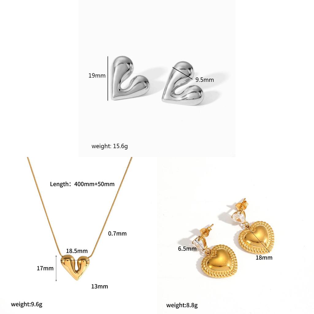 Stainless Steel Heart Layered Earring Set With Geometric Pendant For Women