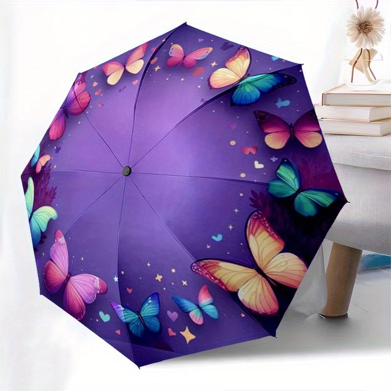 Butterfly, Inspirational Automatic Folding Umbrella 8 Ribs, Durable Iron Frame, Bright Color Pattern Compact Travel Umbrella, Suitable for