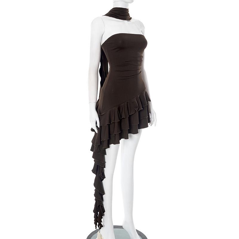 European Off-Shoulder Asymmetrical Ruffle Dress - Women’s Summer Solid Color Bandeau Style