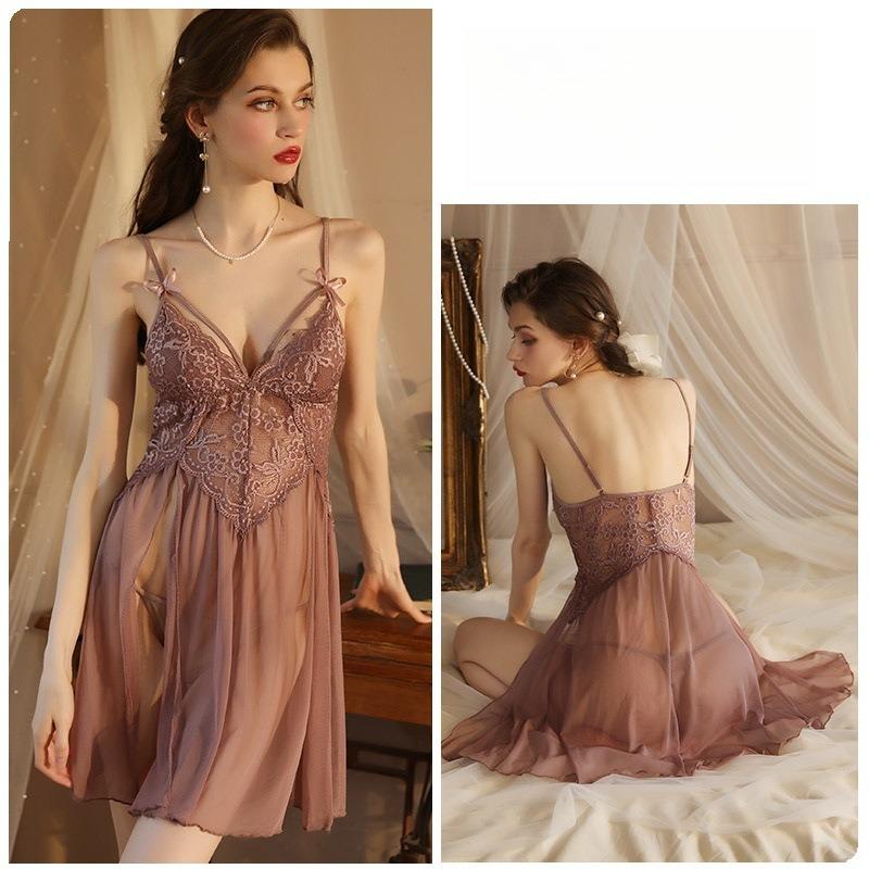 Sexy Mesh Deep V Lace Pajama Set Side Slit Cami Nightgown Two-Piece Loungewear 311 Complete Flirty Sleepwear Set with Alluring Side Slit Design