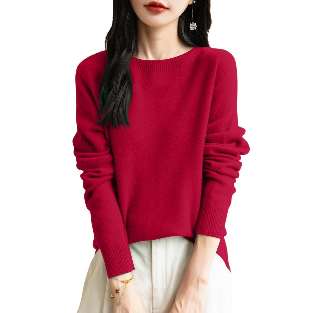 Women's Fashion Knit Round Neck Pullover Base Layer Sweater Color Long Sleeve Top