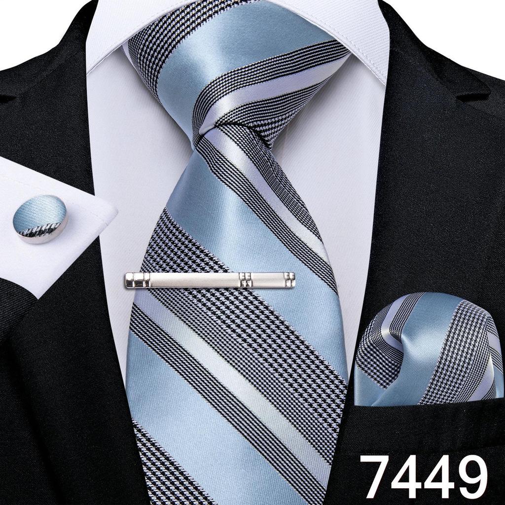 Luxuriöses Paisley-Krawatten-Set für Herren, Seidengewebte Krawatten, Einstecktuch, Manschettenknöpfe, Metall-Silber-Krawattenklammer