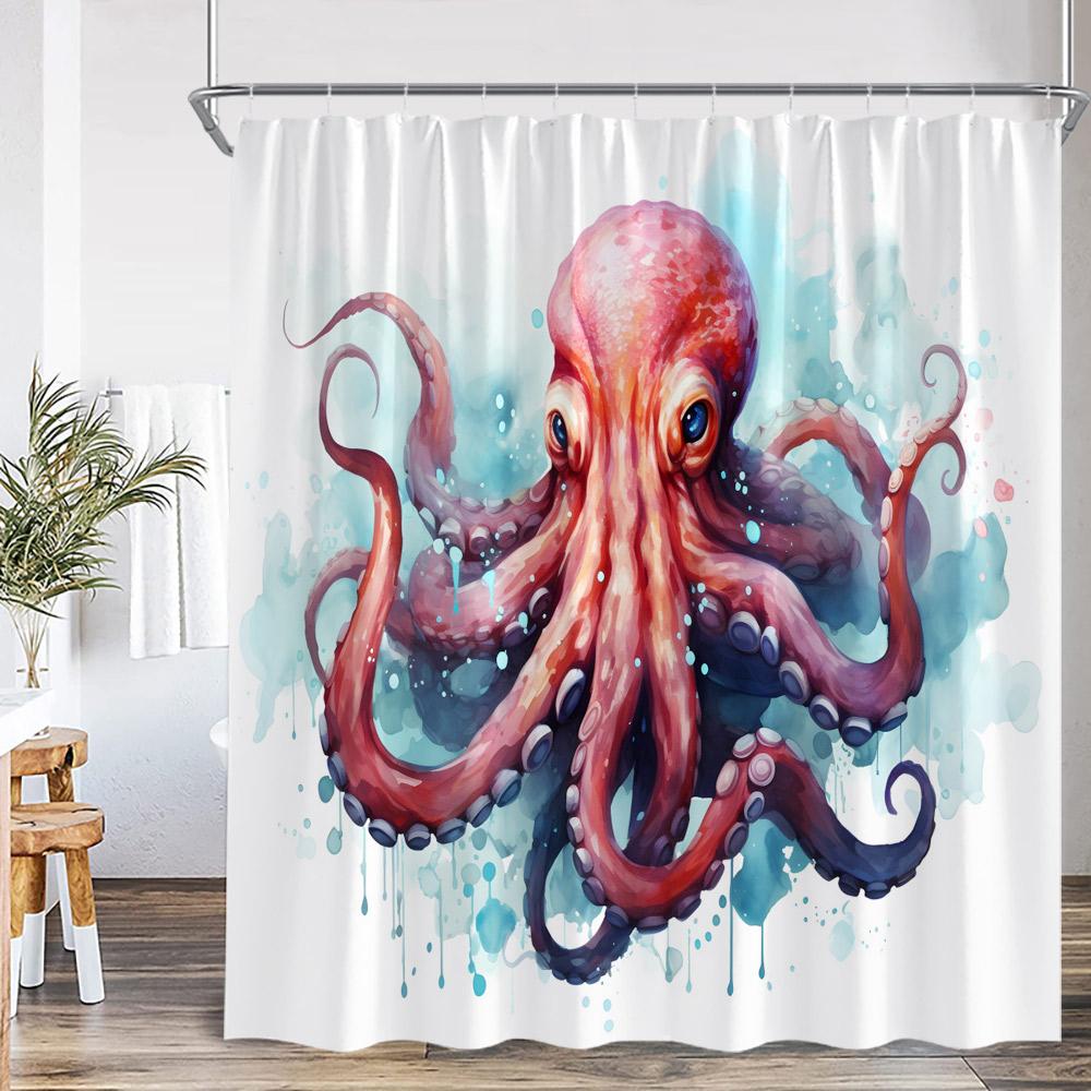 Octopus Nautical Shower Curtain Ocean Animal Wave Marine Life Map Vintage Bathroom Decor Sea Kid Child Bath Curtain With Hook