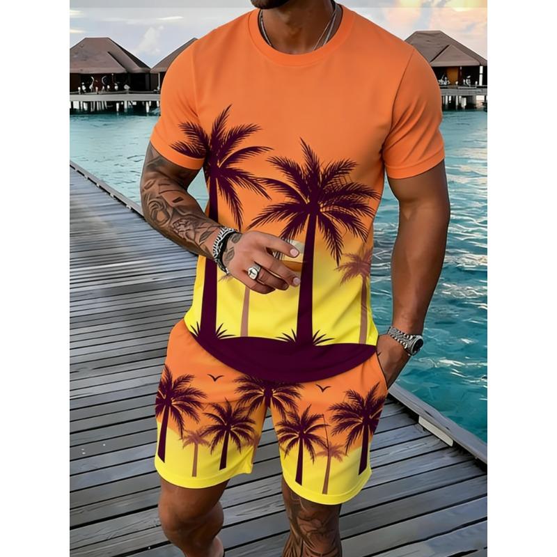 Popular Coconut Tree Printed T-shirt Sets Hawaii Style Tee Shorts Outfits Summer Vacation Two-piece Sets Hot Sell Men's Clothing
