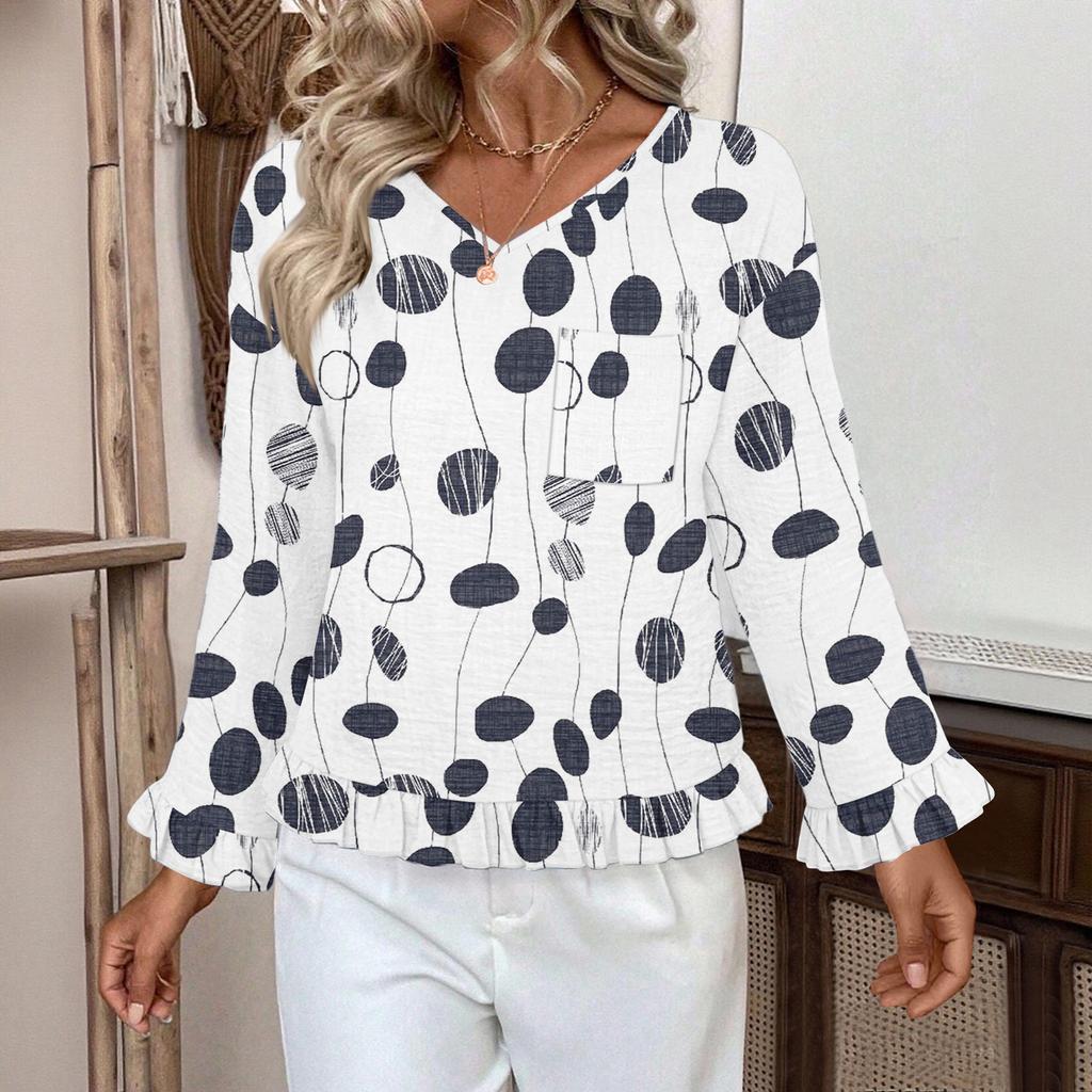 Women's Casual Fashion Ruffled V-Neck Pocket Floral Print Long Sleeve Top