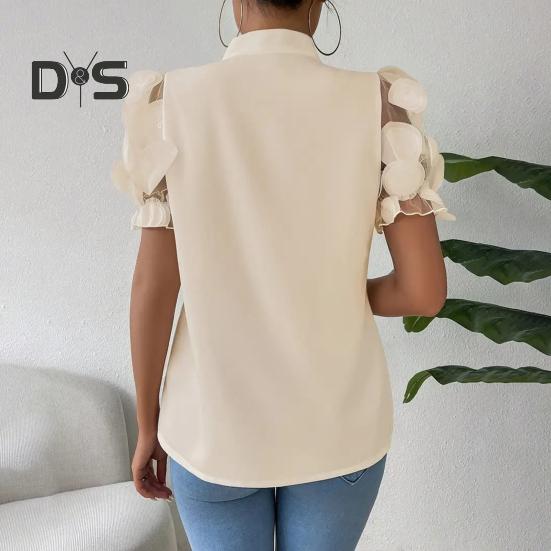 Damen-Shirt mit Schleifenausschnitt, Mesh-Jacquard, kurze Ärmel, Freizeithemd, einfarbige Bluse für den Alltag