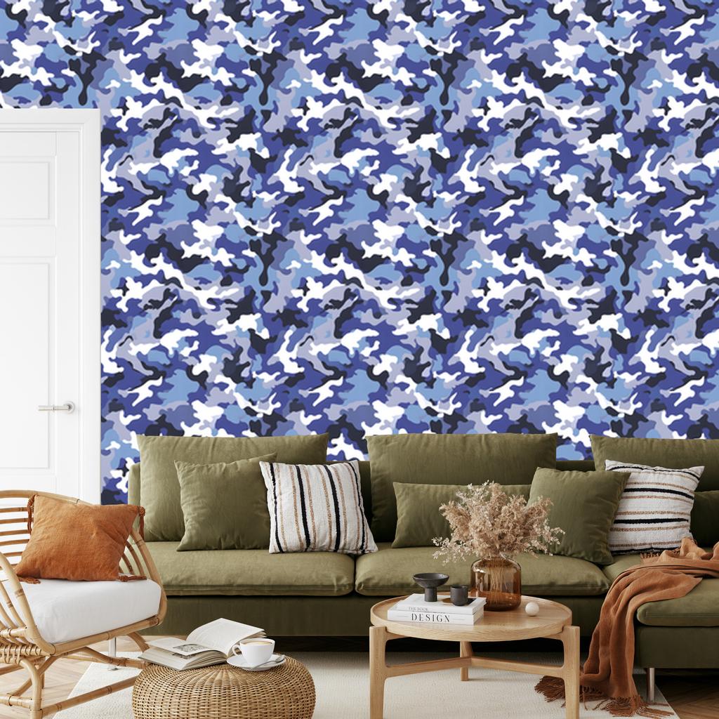 Military Camouflage Wallpaper Blue and Navy for Living Room and Bedroom 50x1000