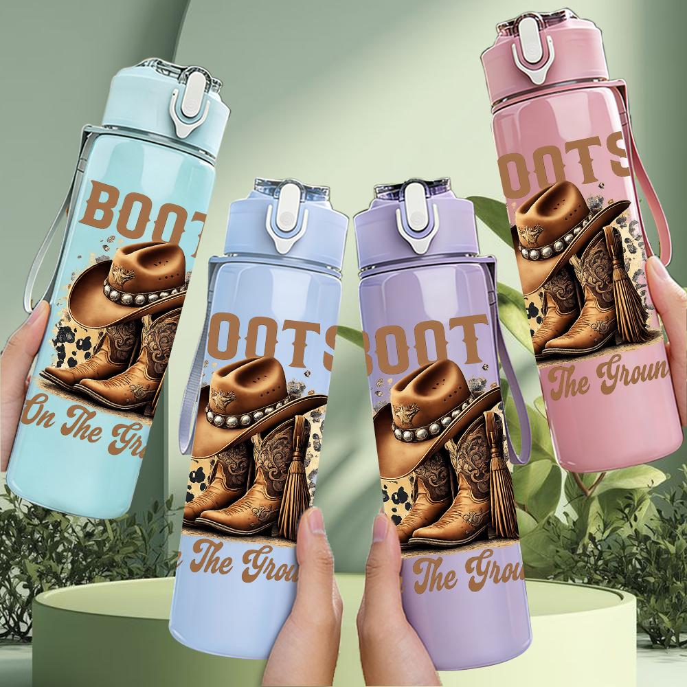 1PC Western Boot Sentimental Phrase 750ml Color Plastic Water Bottle Leakproof Flip Straw Lid For Sports Office Home Use