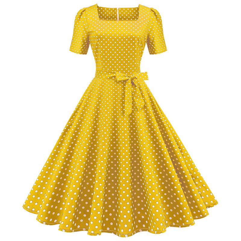 Autumn and winter retro waist sweet Hong Kong style square collar polka dot thin big swing dress S