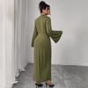 Round-neck High-waisted Dress Solid Color Flared Sleeves Hip-hugging Slit Dress Slimming Pleated Long Dress